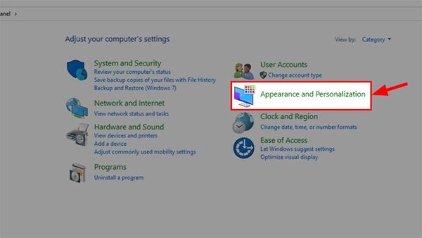 Máy tính bị lỗi font chữ win 11: Nguyên nhân và cách khắc phục Trong cửa sổ Control Panel, chọn Appearance and Personalization