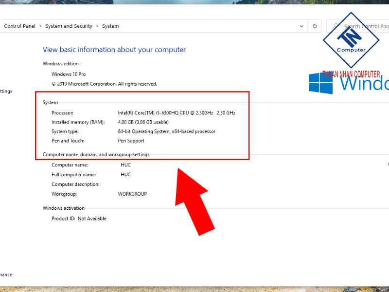 Ở mục Installed memory (RAM), quan sát dung lượng.